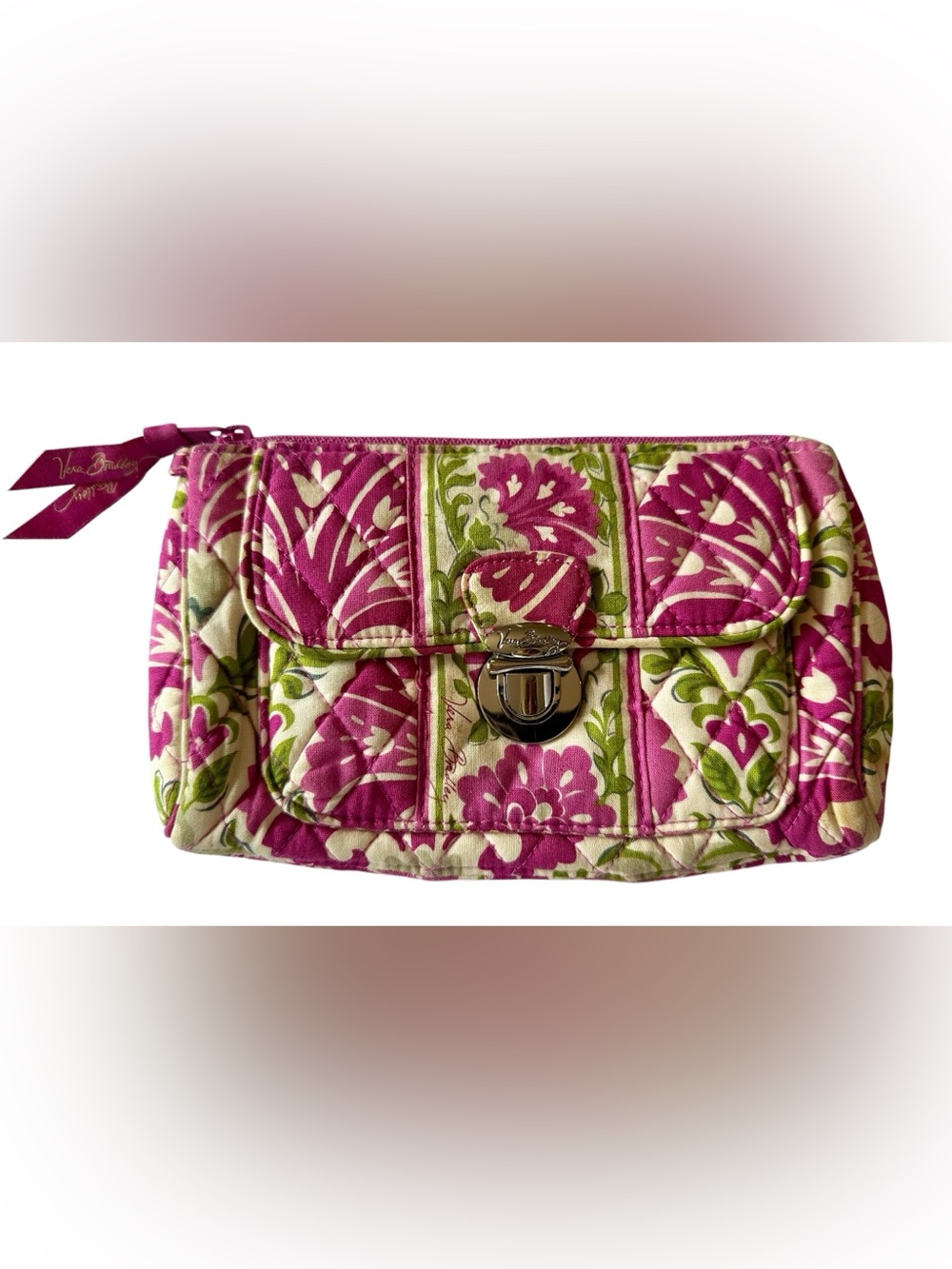 Vera Bradley Fuchsia Green and Cream Floral Quilted Zip-Top Wallet Clutch